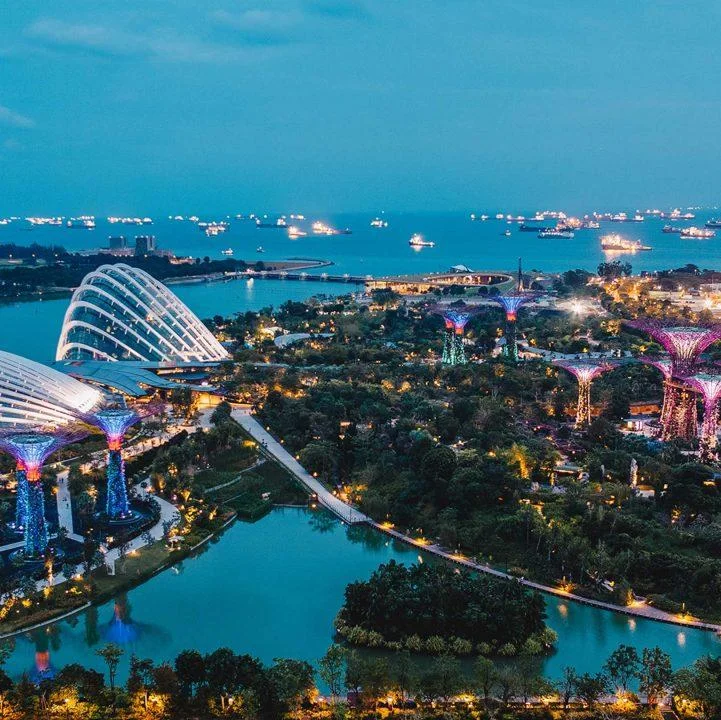 Aerial view of Gardens by the Bay at dusk, with the Supertrees and conservatory domes lit up