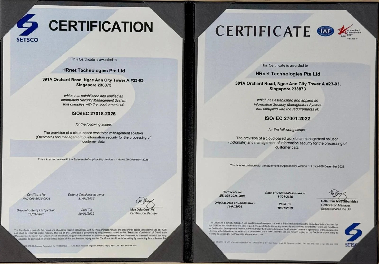ISO/IEC 27018:2025 and ISO/IEC 27001:2022 certificates issued by SETSCO to HRnet Technologies Pte Ltd