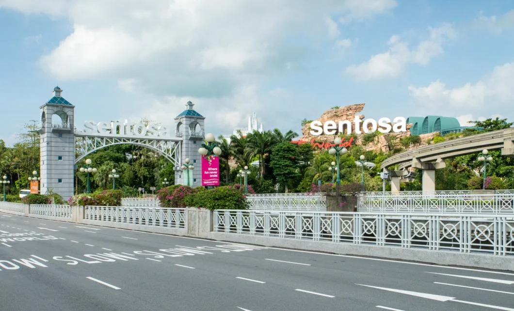 Entrance gateway to Sentosa Island with the Sentosa sign and monorail